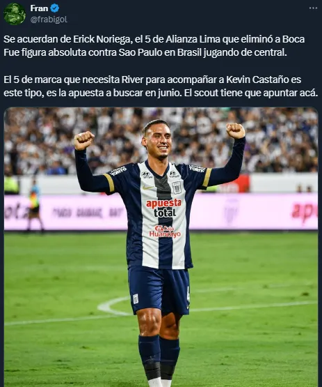 Hinchas de River piden a Erick Noriega (X @frabigol).