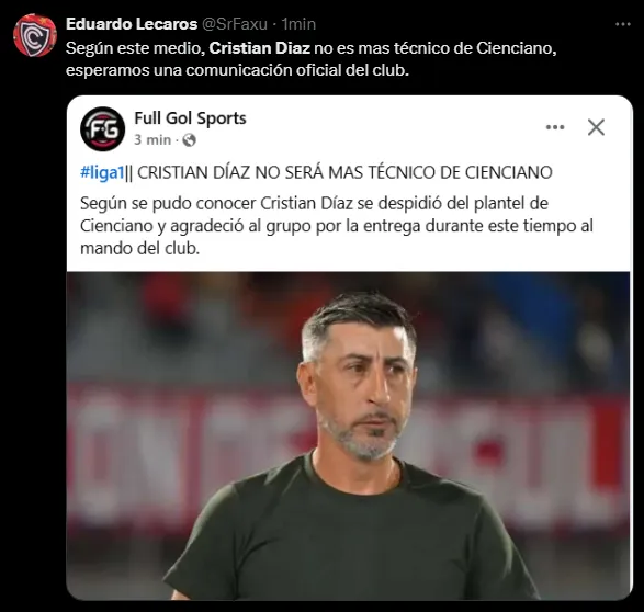 Cristian Díaz no seguiría en Cienciano (Foto: X).
