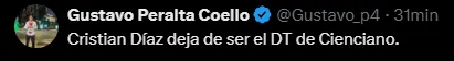 Gustavo Peralta informa salida de Díaz (Foto: X).