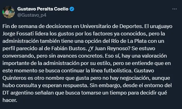 La situación sobre el próximo DT de Universitario (X @Gustavo_p4).