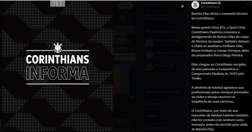 Comunicado de Corinthians sobre el despido de Ramón Díaz