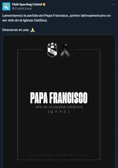 Sporting Cristal también manifestó sus condolencias por la muerte del papa (X @ClubSCristal).