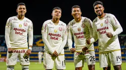 El festejo de los jugadores de Universitario, que venció a Binacional en su juego más reciente en la liga peruana.