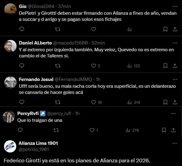 Hinchas de Alianza Lima piden a Federico Girotti (Foto X).