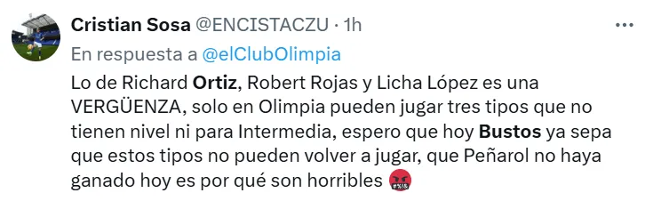 Críticas a Bustos por culpa de un jugador de Olimpia. (Foto: Captura de X)