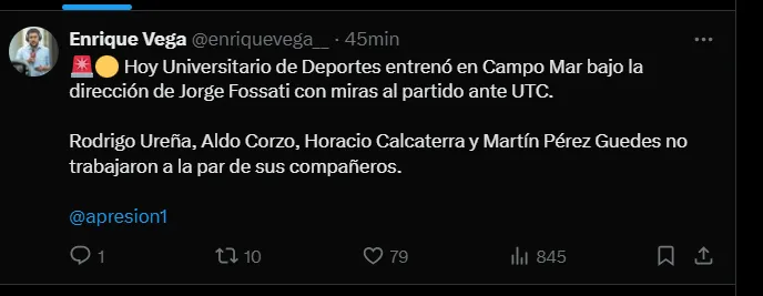 Las novedades en el entrenamiento de Universitario.