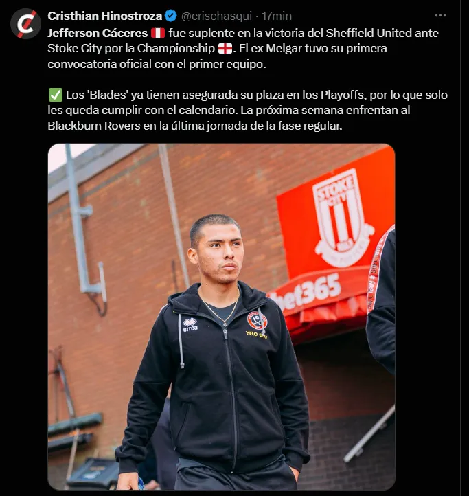 Jefferson Cáceres no tuvo acción en el Stoke City vs. Sheffield United.
