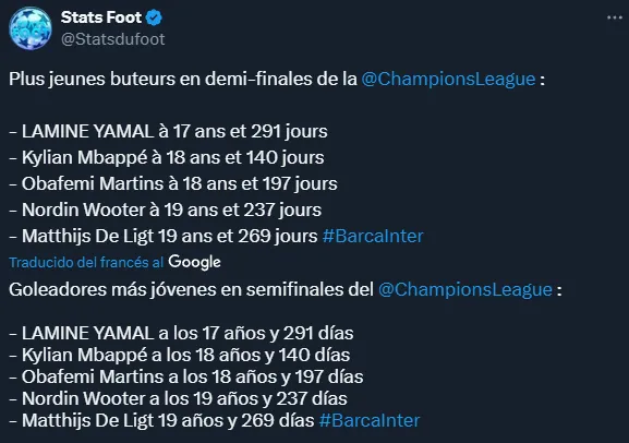 Los goleadores más jóvenes en semifinales de la Champions League (X @Statsdufoot).