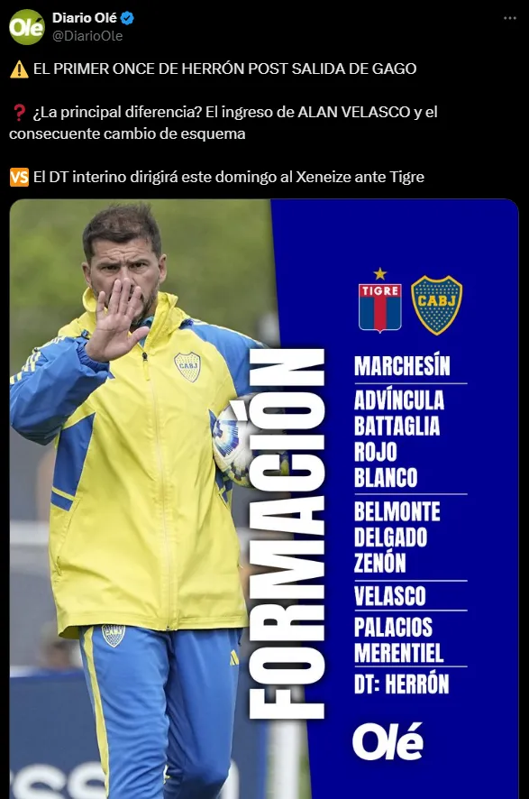 Alineación de Boca Juniors según Olé (Foto: X).