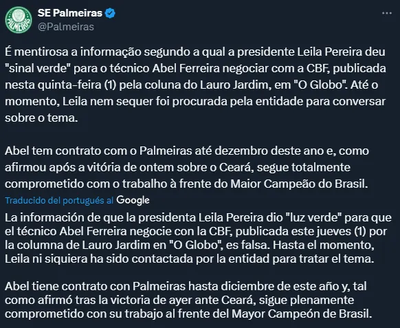 El comunicado de Palmeiras desmintiendo lo de Ferreira y la CBF (X @Palmeiras).