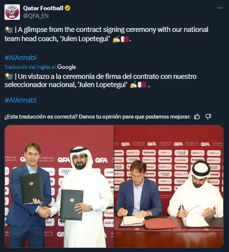Qatar anunció a Lopetegui como su nuevo DT (X @X @QFA_EN).