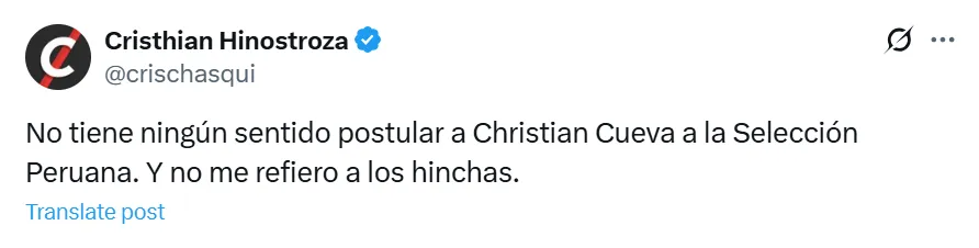 Tweet de hincha peruano sobre Christian Cueva.