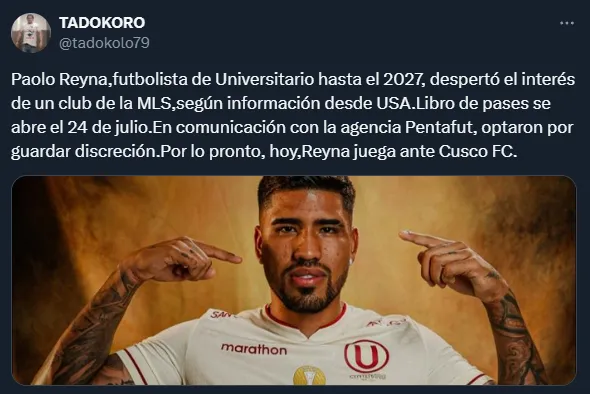 Paolo Reyna podría irse a la MLS cuando termine el Apertura 2025 (X @tadokolo79).