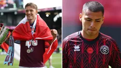 Oliver Sonne celebrando con Burnley FC y Jefferson Cáceres entrenando en Sheffield United.