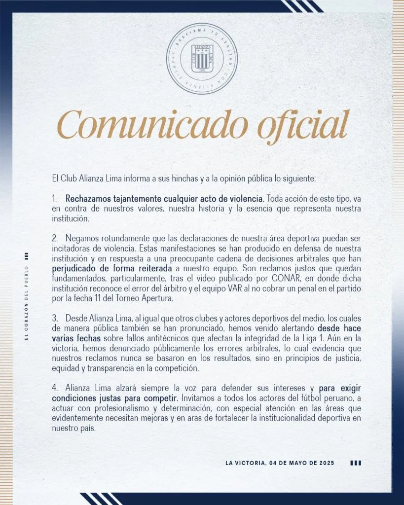 Alianza Lima y su comunicado contra la violencia. (Foto: X).