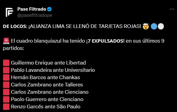 Las tarjetas rojas de Alianza Lima (Foto: X).