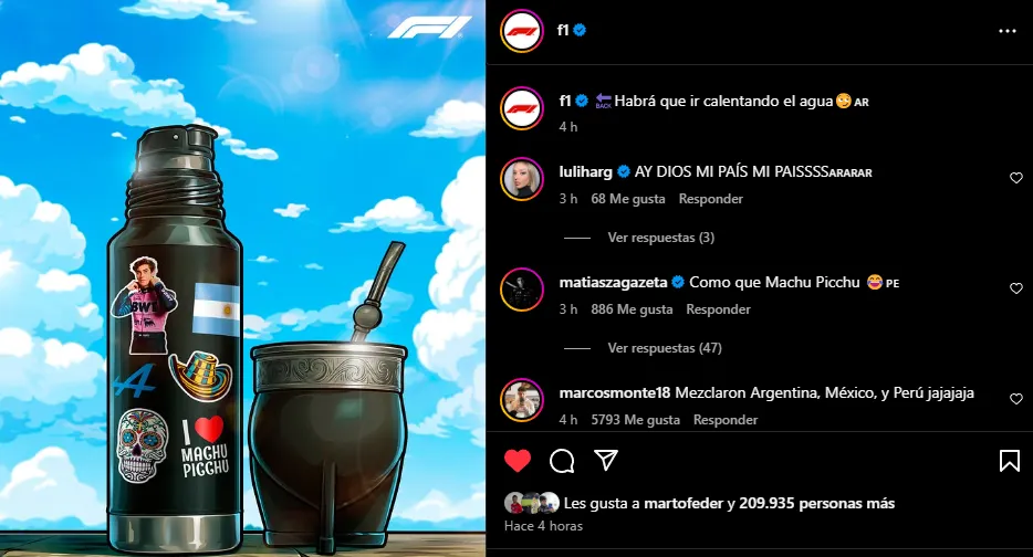 La publicación viral con guiños a México y Perú por Colapinto (Instagram @f1).