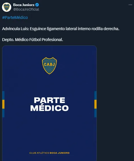 La lesión de Luis Advíncula, confirmada por Boca (X @BocaJrsOficial).