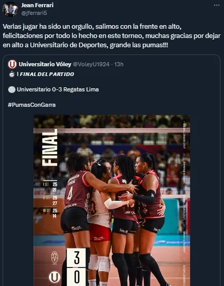 Jean Ferrari y su reacción a la derrota de Universitario (X @jferrari5).