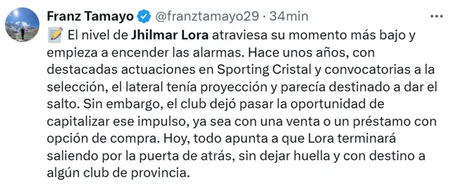 Hinchas de Sporting Cristal criticaron a Jhilmar Lora. (Foto: Captura X)