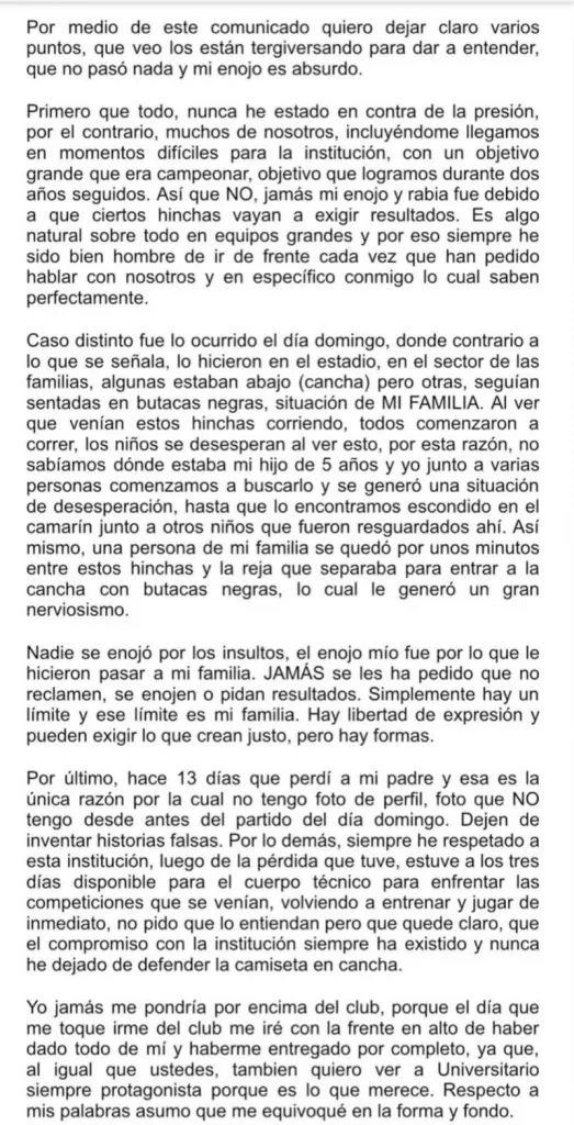 Comunicado de Rodrigo Ureña. (Foto: Instagram).