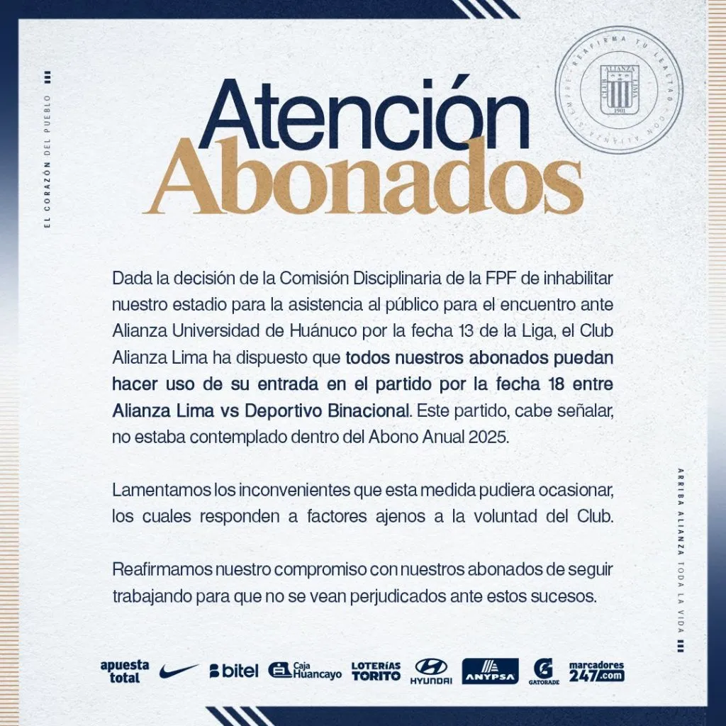 Alianza Lima comunica a los hinchas. (Foto: X).