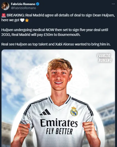 Dean Huijsen será nuevo jugador de Real Madrid (X @FabrizioRomano).