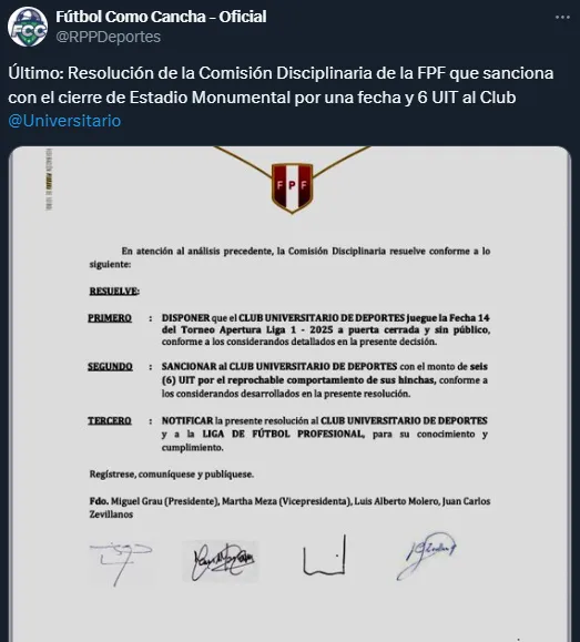 Se confirmó la sanción al Monumental (X @RPPDeportes).