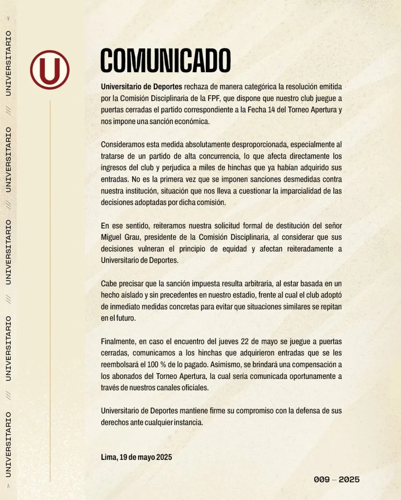 El comunicado de Universitario contra la sanción que sufrió el Monumental.