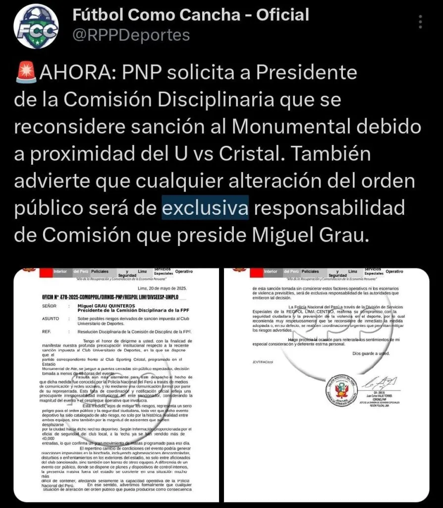 Pedido de la Policía Nacional para el Universitario vs. Sporting Cristal. (Foto: X).