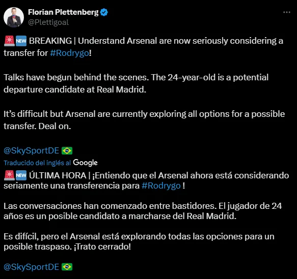 Arsenal entra a la carrera por Rodrygo (Foto: X).