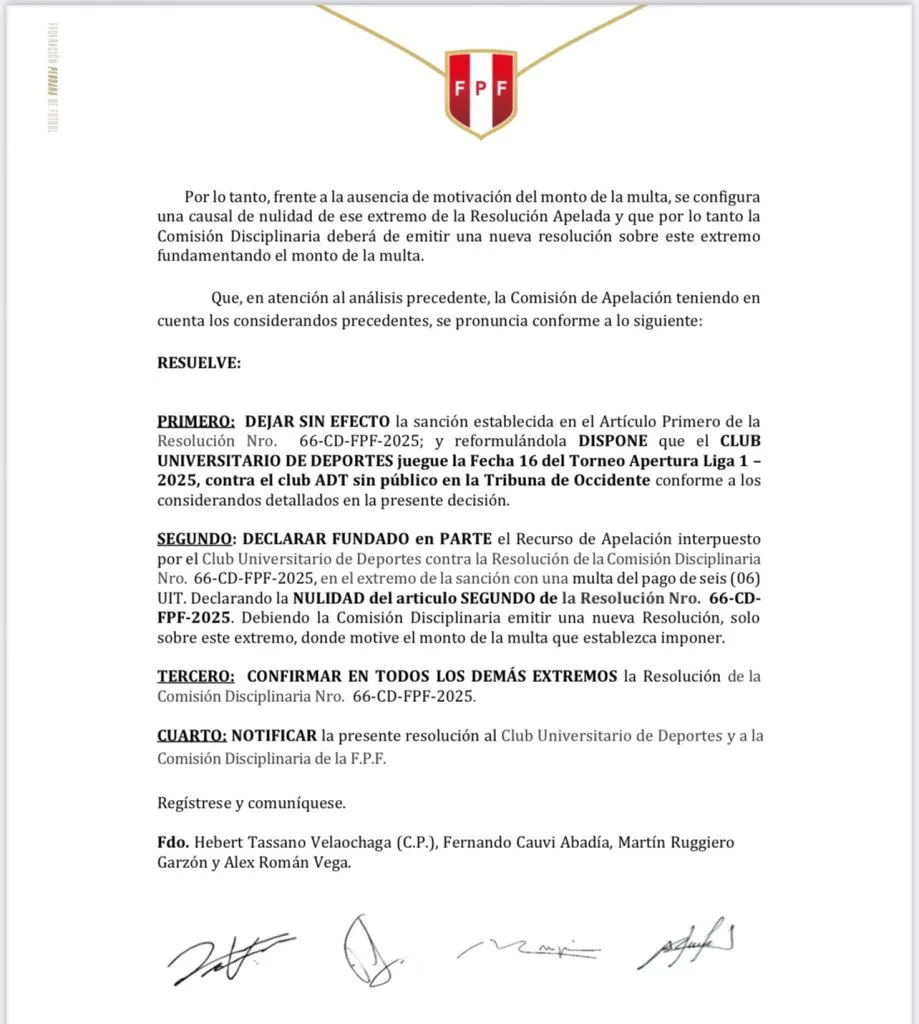 La resolución del Tribunal de Apelaciones contra Universitario (FPF).