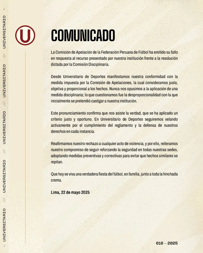 El comunicado de Universitario (Oficial).