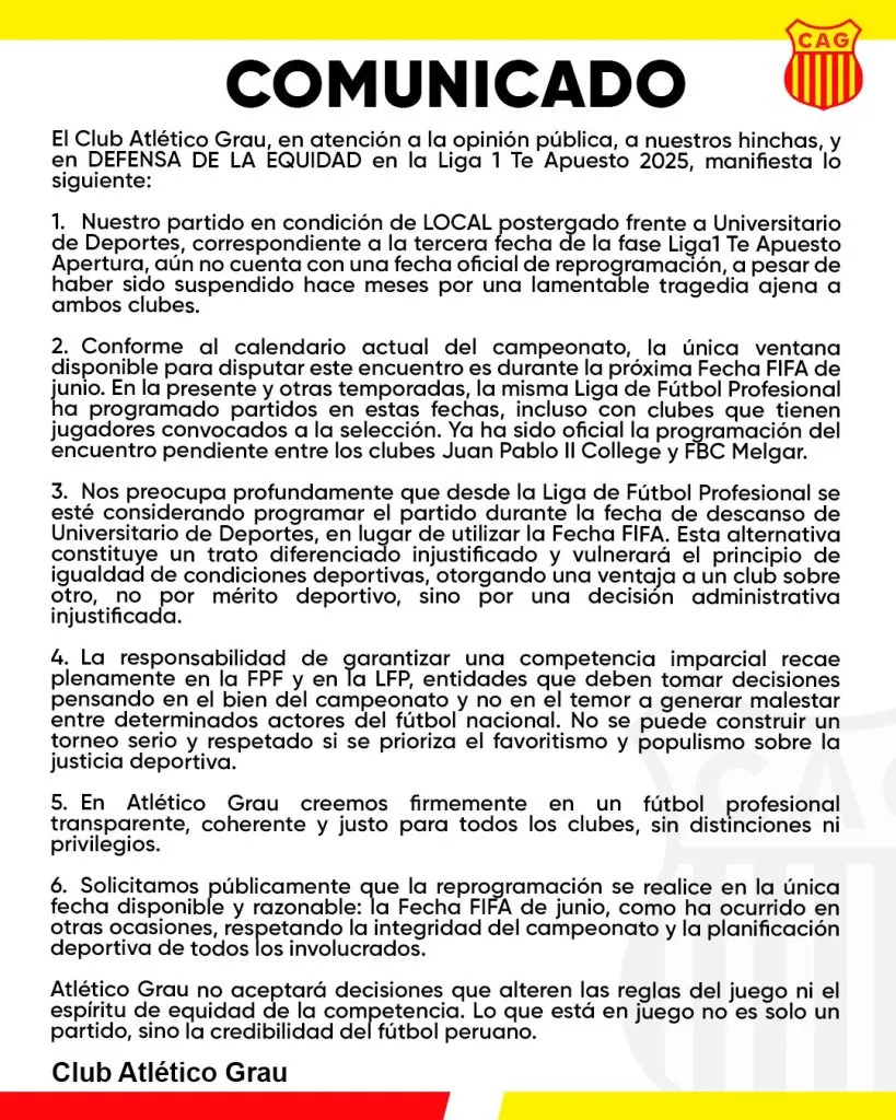 Comunicado de Atlético Grau. (Foto: X).