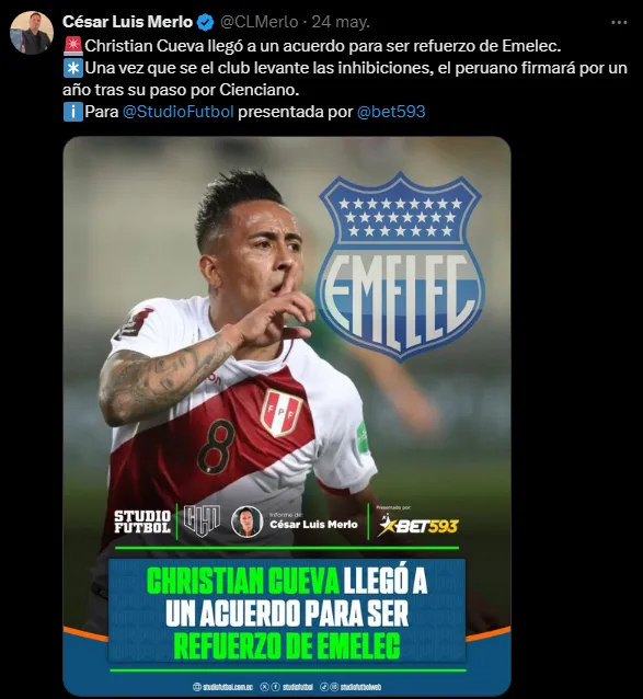 Confirman a Christian Cueva en Emelec (Foto: X).