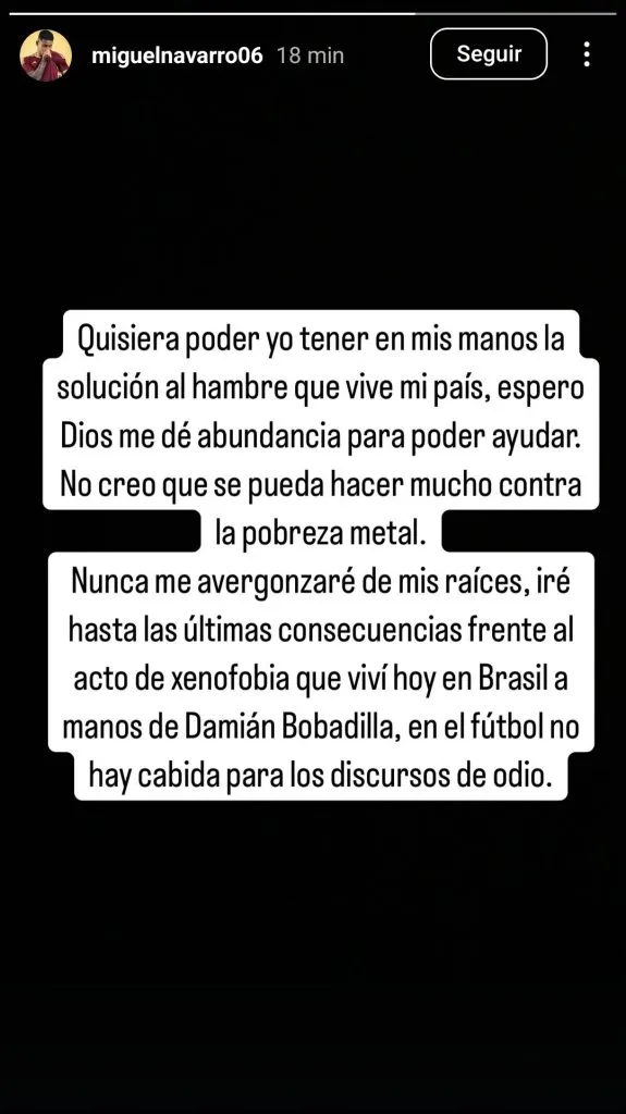 La publicación en Instagram de Miguel Navarro contra Bobadilla (@miguelnavarro06).