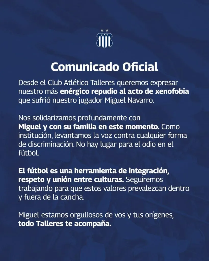 El comunicado de Talleres de Córdoba por el caso Miguel Navarro (Oficial).