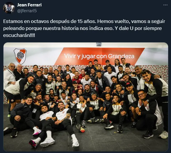 Jean Ferrari y su mensaje en redes sociales con la foto de la delegación de Universitario (X @jferrari5).