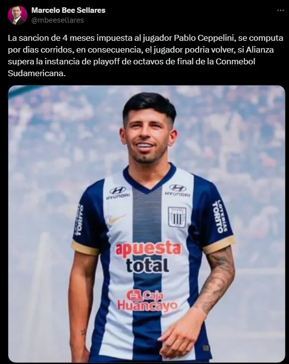 Pablo Ceppelini volvería a jugar con Alianza Lima (Foto: X).