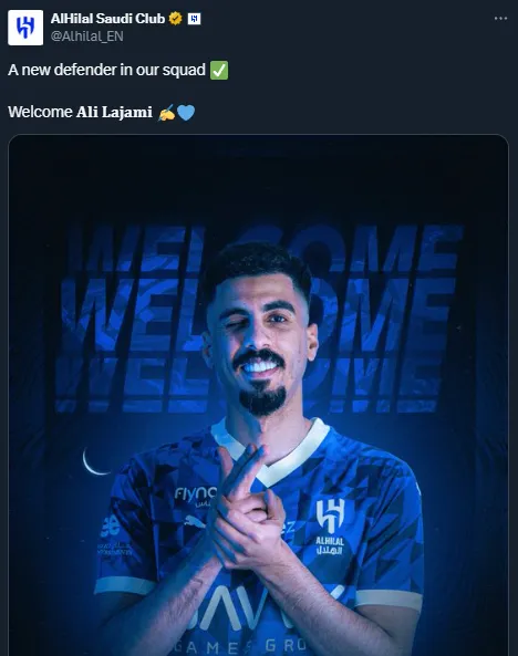 Ali Lajami estaba en Al Nassr desde 2020 y ahora jugará en el clásico rival, Al Hilal (X @Alhilal_EN).
