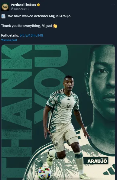 Portland Timbers anunció la salida de Araujo (X @TimbersFC).