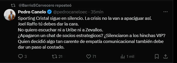 Fuente: @pedrocaneloec