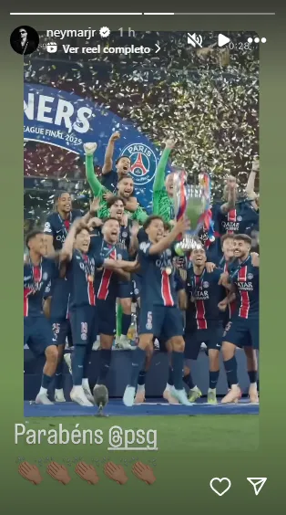 Neymar y su historia de Instagram por el título de PSG.