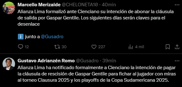 Alianza Lima quiere a Gaspar Gentile (Foto: X).