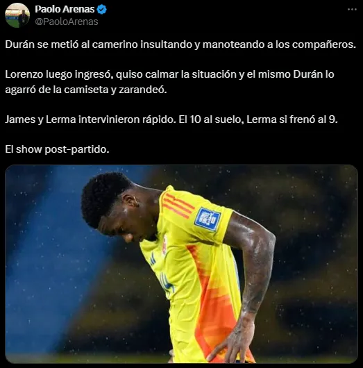 El escándalo en Colombia tras el partido ante Perú (X @PaoloArenas).