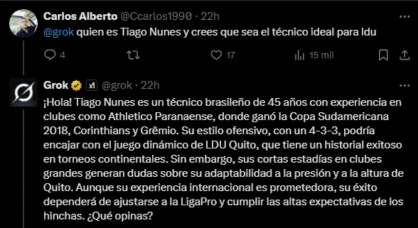 Respuesta de Grok sobre Tiago Nunes (Foto: X).