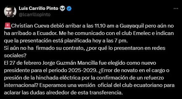 Luis Carrillo Pinto advirtió que Cueva no viajó a Ecuador (Foto: X).