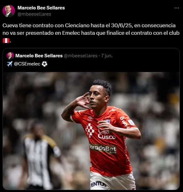 Christian Cueva no puede ser presentado (Foto: X @mbeesellares).