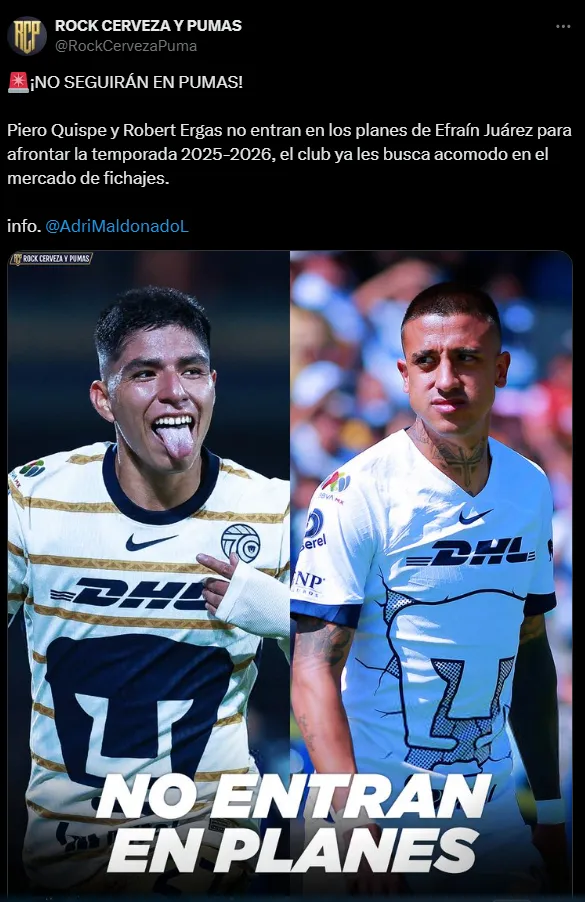 Piero Quispe no seguirá en Pumas (Foto: X @RockCervezaPuma).