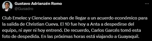 Christian Cueva deja Cienciano (Foto: X @Gusadro).